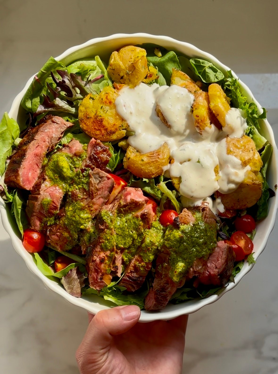 Read more about the article Grilled Marinated Flank Steak with Crispy Smashed Potatoes & Chimichurri